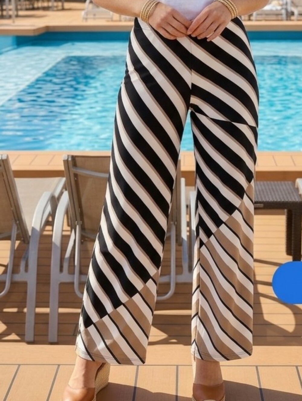 Zenergy by Chico's black white tan wide leg vacation resort hem side slit pants